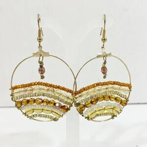 Amber color beaded hoop earrings, gold tone pierced dangles, fashion jewelry